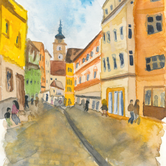 Aquarell-Grußkarte „Am Stein mit Blick auf Pfeifturm“ – handgemalt von Laura Berger