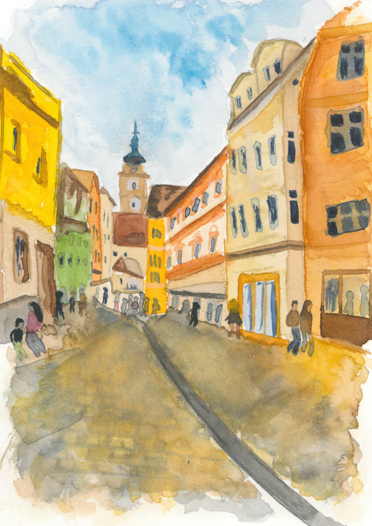 Aquarell-Grußkarte „Am Stein mit Blick auf Pfeifturm“ – handgemalt von Laura Berger