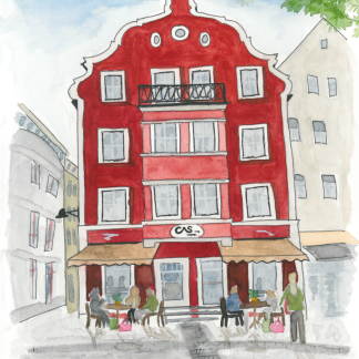 Aquarell-Grußkarte „Café am Schloss“ – handgemalt von Laura Berger