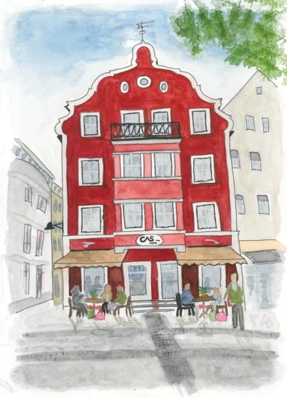 Aquarell-Grußkarte „Café am Schloss“ – handgemalt von Laura Berger
