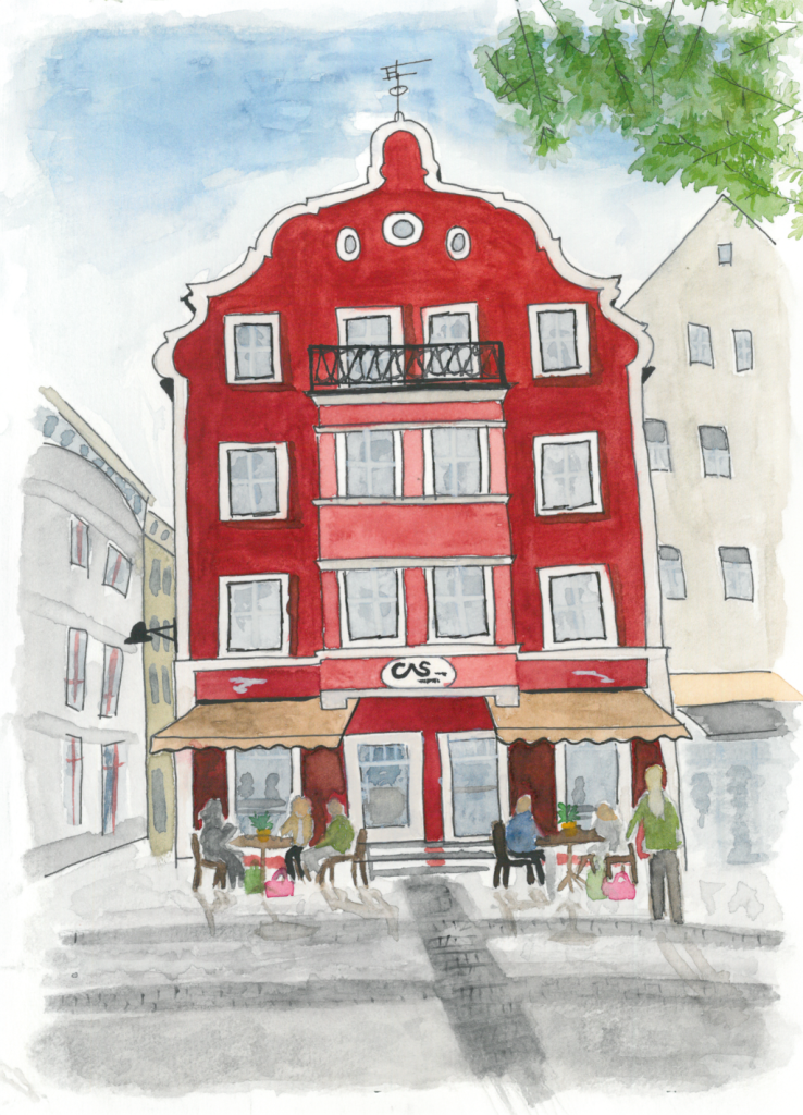 Aquarell-Grußkarte „Café am Schloss“ – handgemalt von Laura Berger
