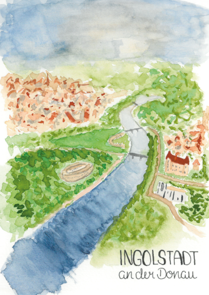Aquarell-Grußkarte „Ingolstadt von Oben“ – handgemalt von Laura Berger