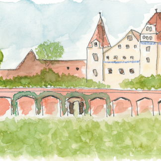 Aquarell-Grußkarte „Klenzepark mit Blick auf das neue Schloss Ingolstadt“ – handgemalt von Laura Berger