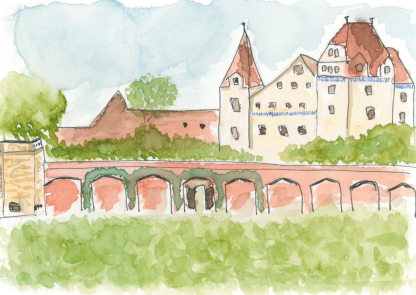 Aquarell-Grußkarte „Klenzepark mit Blick auf das neue Schloss Ingolstadt“ – handgemalt von Laura Berger