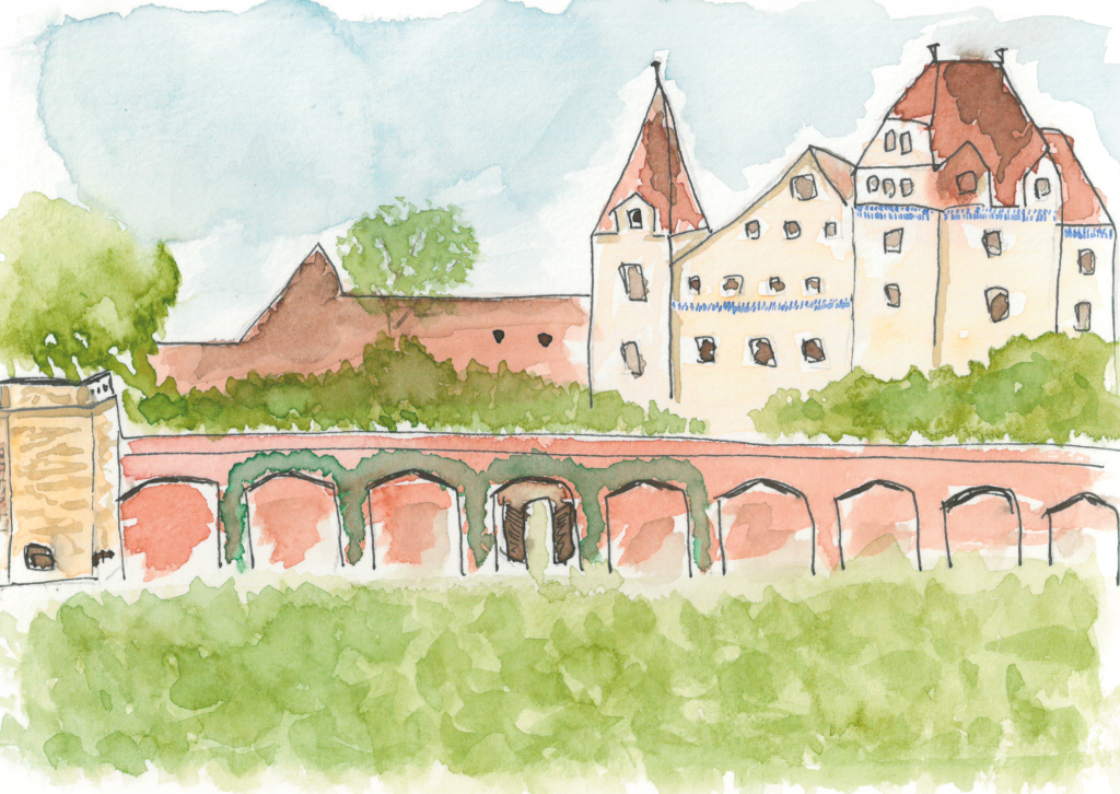 Aquarell-Grußkarte „Klenzepark mit Blick auf das neue Schloss Ingolstadt“ – handgemalt von Laura Berger