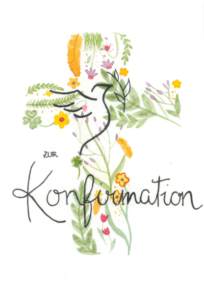 Aquarell-Grußkarte „Konfirmation Blumenkreuz“ – handgemalt von Laura Berger