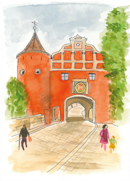 Aquarell-Grußkarte „Oberes Tor, Neuburg“ – handgemalt von Laura Berger