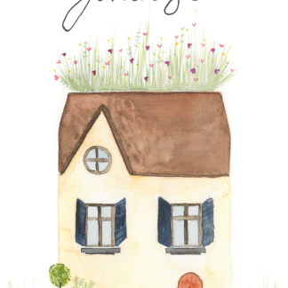 Aquarell-Grußkarte „Willkommen zu Hause blaue Fensterläden“ – handgemalt von Laura Berger