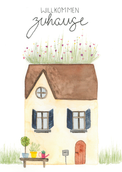 Aquarell-Grußkarte „Willkommen zu Hause blaue Fensterläden“ – handgemalt von Laura Berger